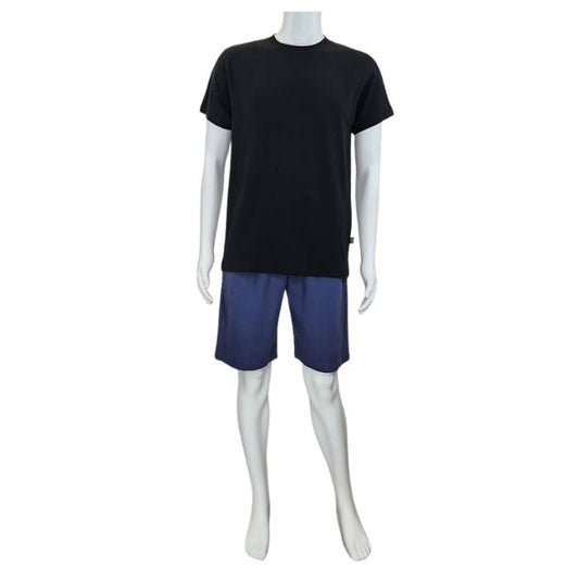 mannequin wearing blue craig shorts and black charlie shirt front view on white background