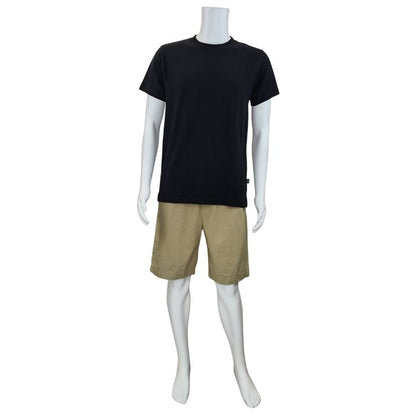 white mannequin wearing black charlie crew neck t-shirt and taupe craig shorts front view on white background