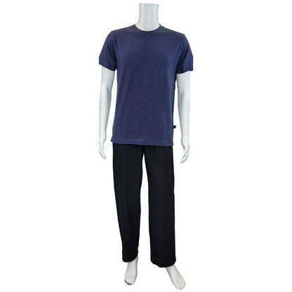 white mannequin wearing blue charlie crew neck t-shirt and black jeff pants front view on white background