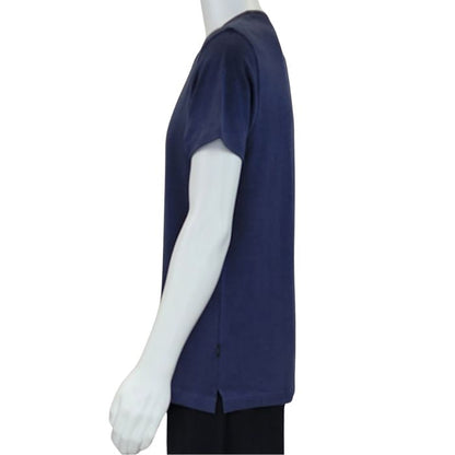 top of white mannequin wearing blue charlie crew neck t-shirt side view on white background
