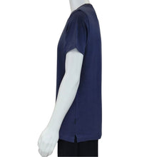 top of white mannequin wearing blue charlie crew neck t-shirt side view on white background