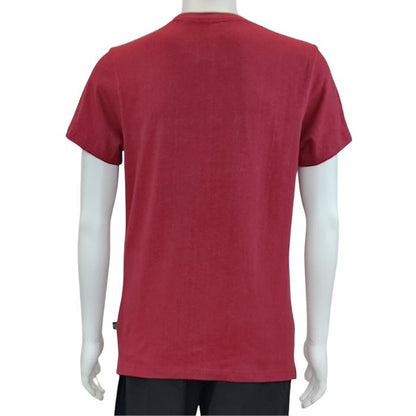 top of white mannequin wearing burgundy red charlie crew neck t-shirt back view on white background