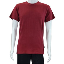 top of white mannequin wearing burgundy red charlie crew neck t-shirt front view on white background