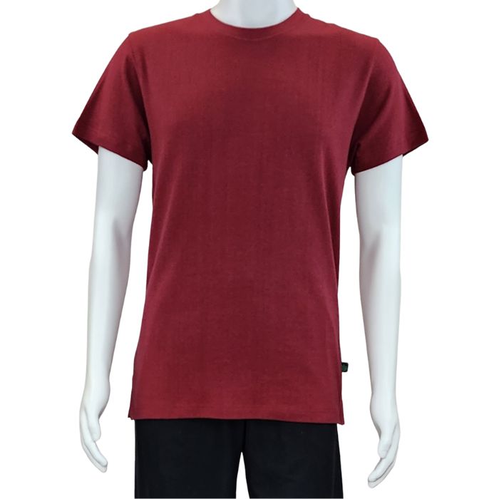 top of white mannequin wearing burgundy red charlie crew neck t-shirt front view on white background