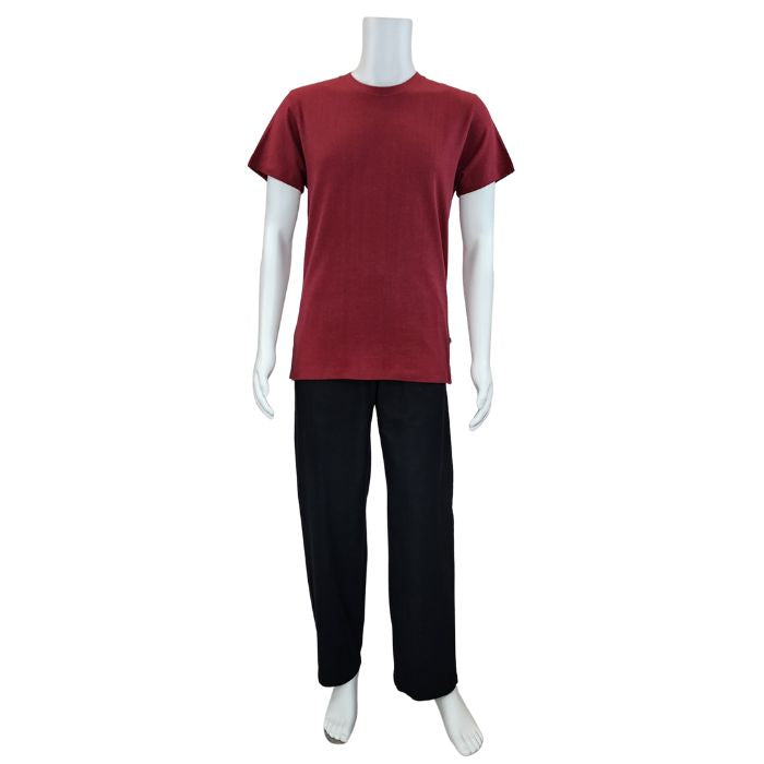 white mannequin wearing burgundy red charlie crew neck t-shirt and black jeff pants front view on white background