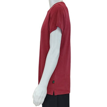 top of white mannequin wearing burgundy red charlie crew neck t-shirt side view on white background