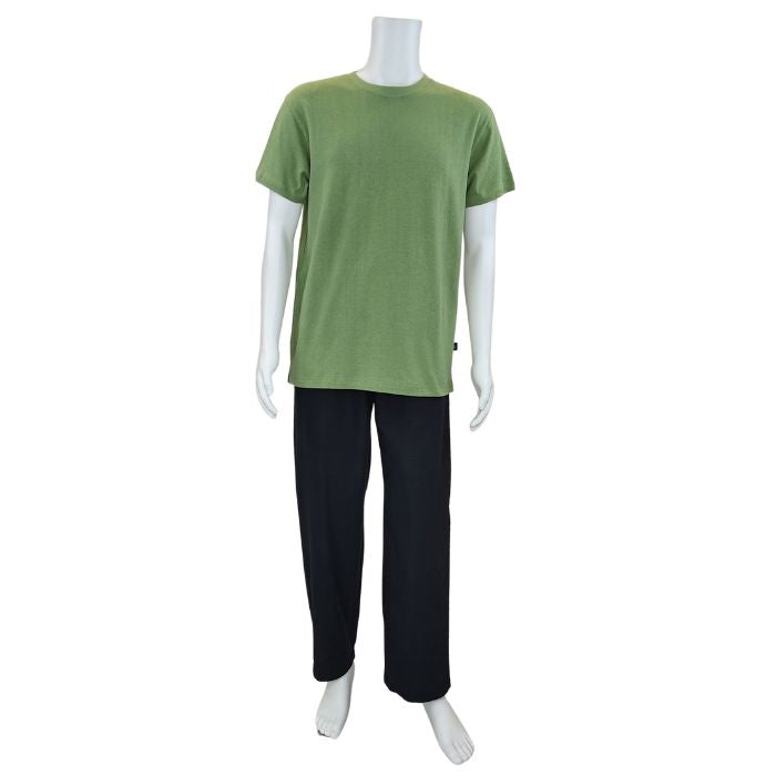 white mannequin wearing celery green charlie crew neck t-shirt and black jeff pants front view on white background