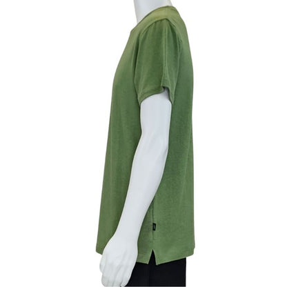 top of white mannequin wearing celery green charlie crew neck t-shirt side view on white background