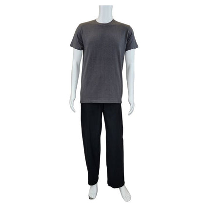 white mannequin wearing charcoal grey charlie crew neck t-shirt and black jeff pants front view on white background