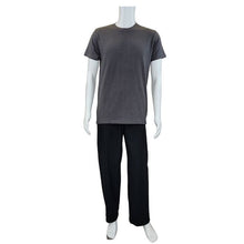 white mannequin wearing charcoal grey charlie crew neck t-shirt and black jeff pants front view on white background