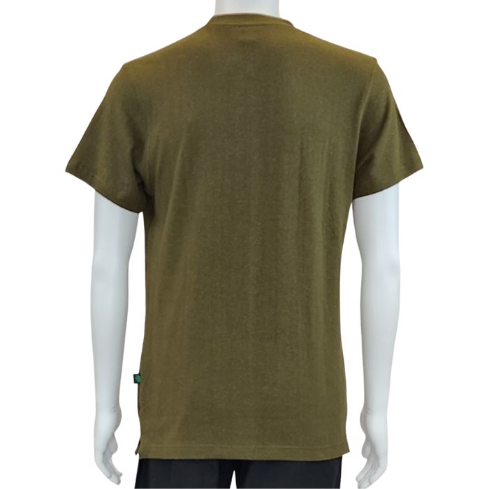 top of white mannequin wearing olive green charlie crew neck t-shirt back view on white background
