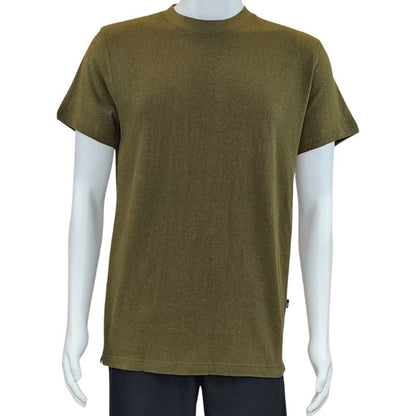 top of white mannequin wearing olive green charlie crew neck t-shirt front view on white background