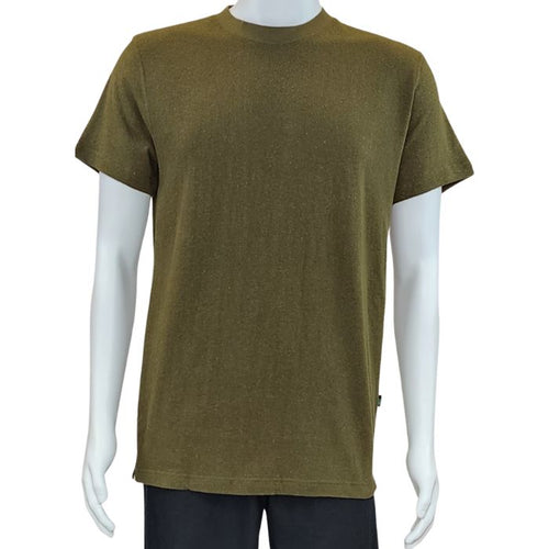 top of white mannequin wearing olive green charlie crew neck t-shirt front view on white background