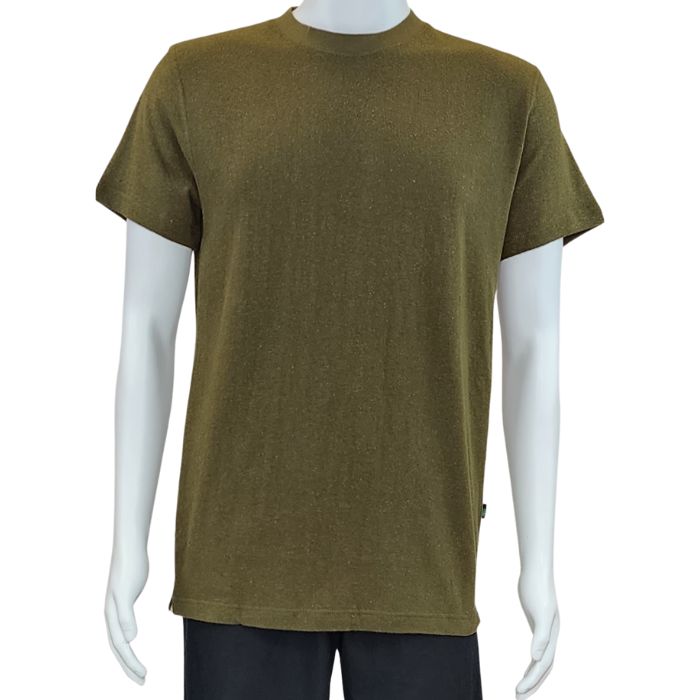 top of white mannequin wearing olive green charlie crew neck t-shirt front view on white background