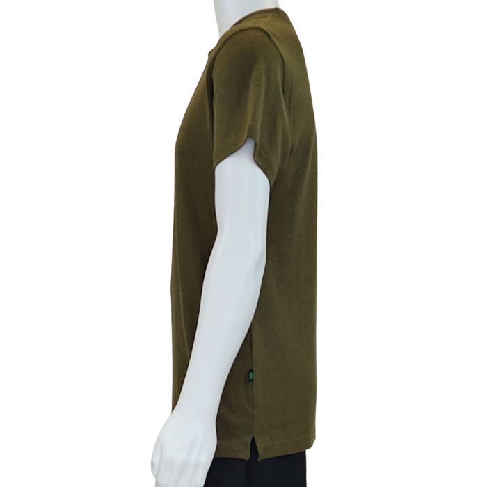 top of white mannequin wearing olive green charlie crew neck t-shirt side view on white background