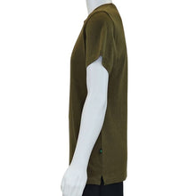 top of white mannequin wearing olive green charlie crew neck t-shirt side view on white background