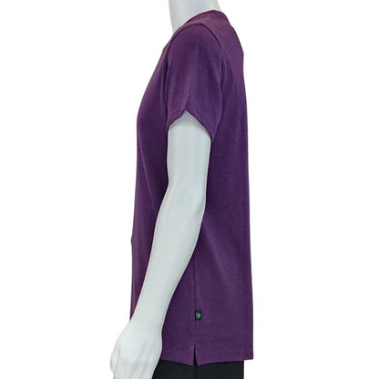 top of white mannequin wearing plum purple charlie crew neck t-shirt side view on white background