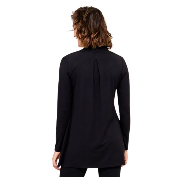 female model wearing black chopra jacket back view on white background