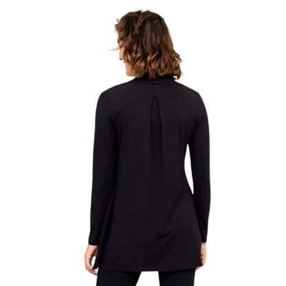 female model wearing black chopra jacket back view on white background