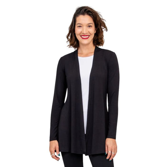 female model wearing black chopra jacket front view on white background