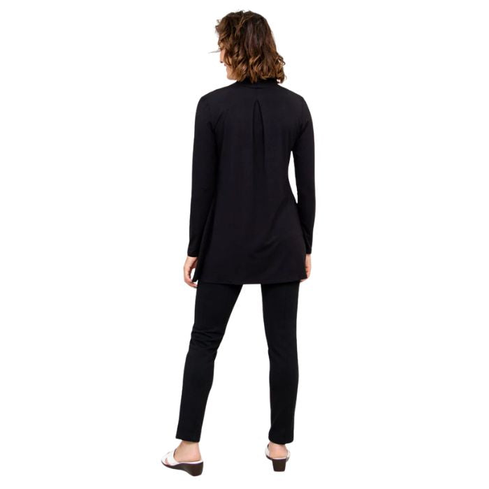 female model wearing black chopra jacket, white reanna tank top and black nadia pants back view on white background