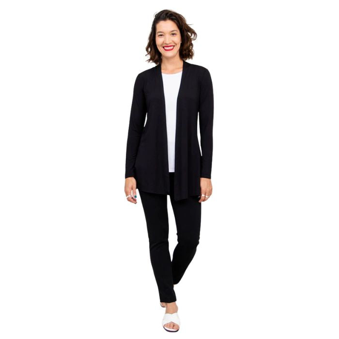 female model wearing black chopra jacket, white reanna tank top and black nadia pants front view on white background