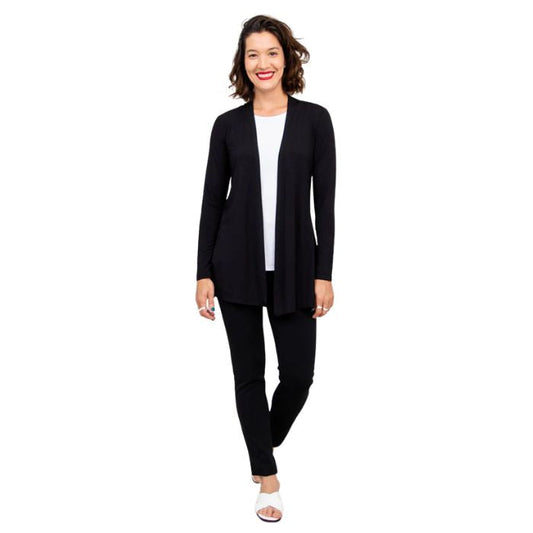 female model wearing black chopra jacket, white reanna tank top and black nadia pants front view on white background