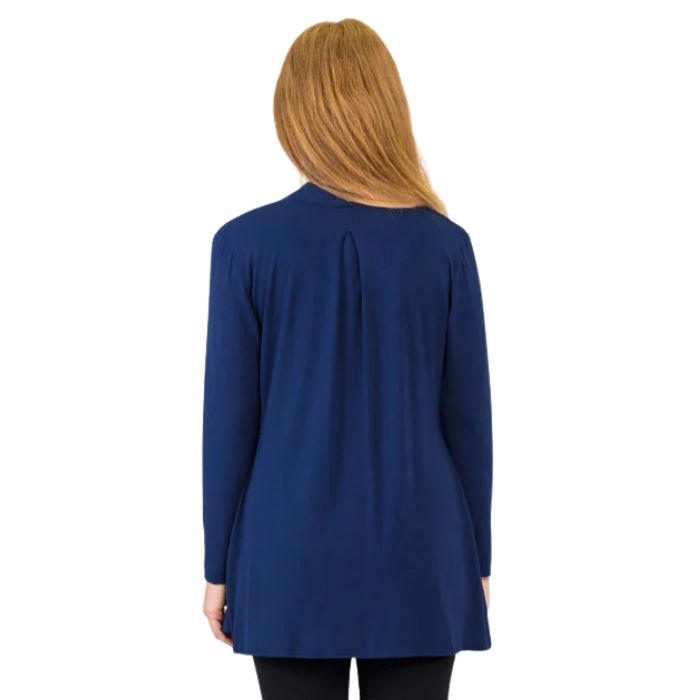 female model wearing indigo blue chopra jacket back view on white background