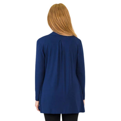 female model wearing indigo blue chopra jacket back view on white background