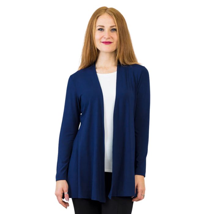 female model wearing indigo blue chopra jacket front view on white background