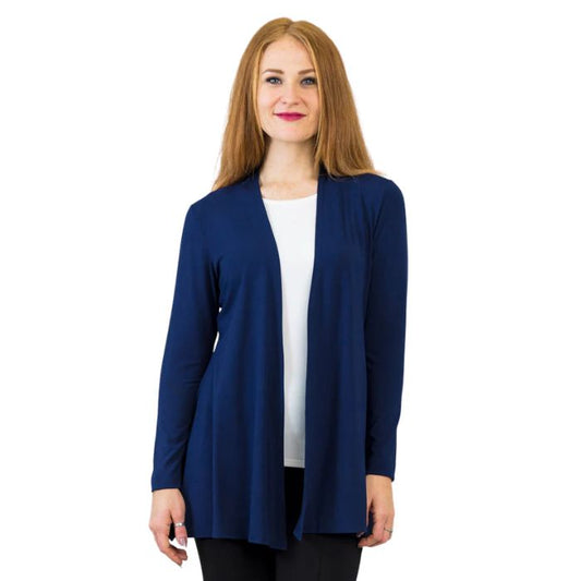 female model wearing indigo blue chopra jacket front view on white background