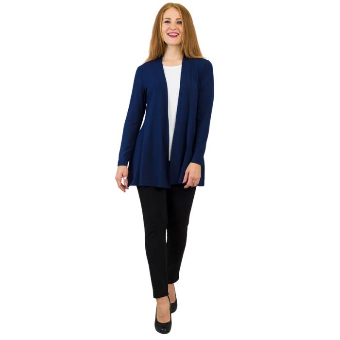 female model wearing indigo blue chopra jacket, white reanna tank top and black nadia pants front view on white background