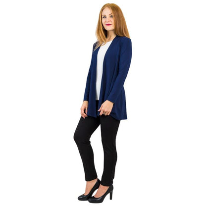 female model wearing indigo blue chopra jacket, white reanna tank top and black nadia pants side view on white background