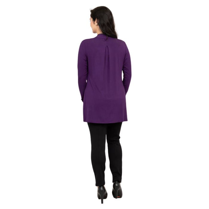 female model wearing royale purple chopra jacket, black reanna tank top and black nadia pants back view on white background