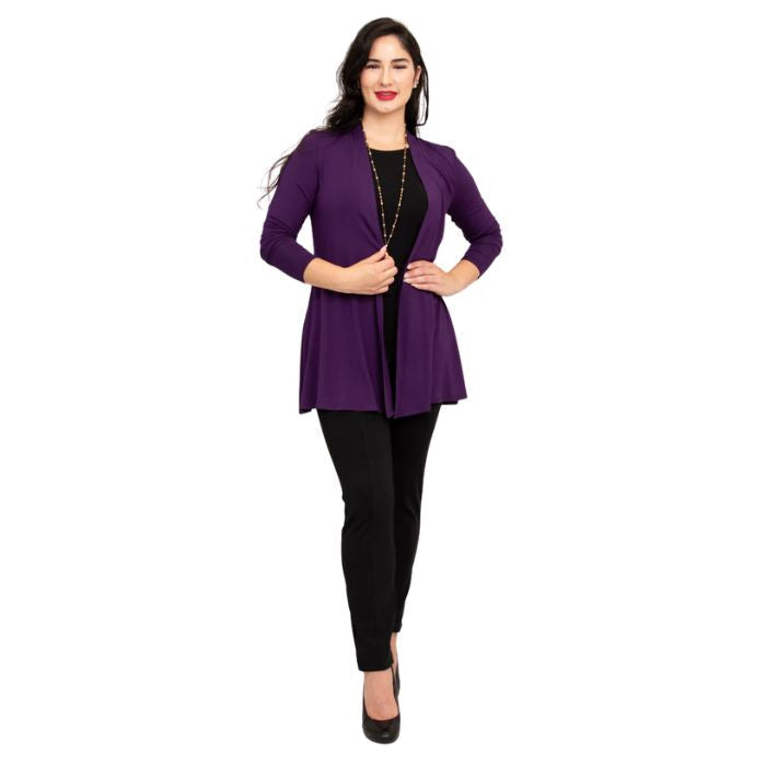 female model wearing royale purple chopra jacket, black reanna tank top and black nadia pants front view on white background
