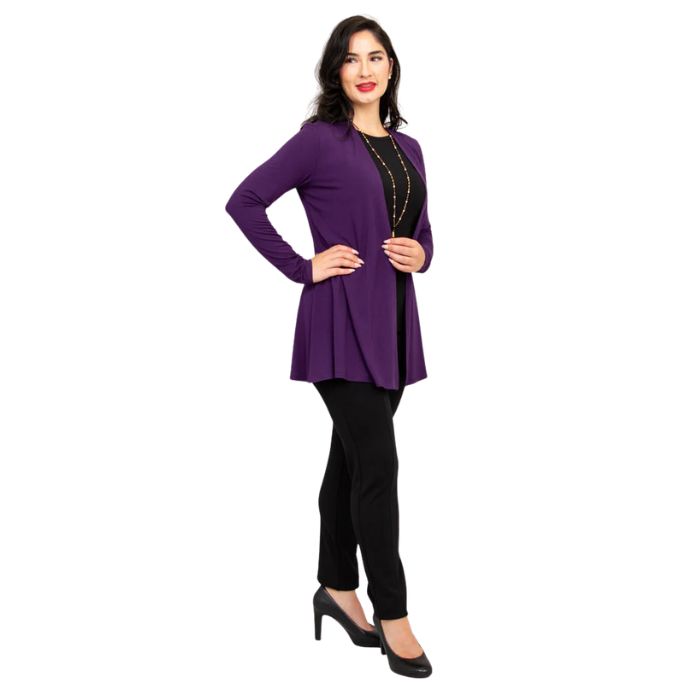 female model wearing royale purple chopra jacket, black reanna tank top and black nadia pants side view on white background