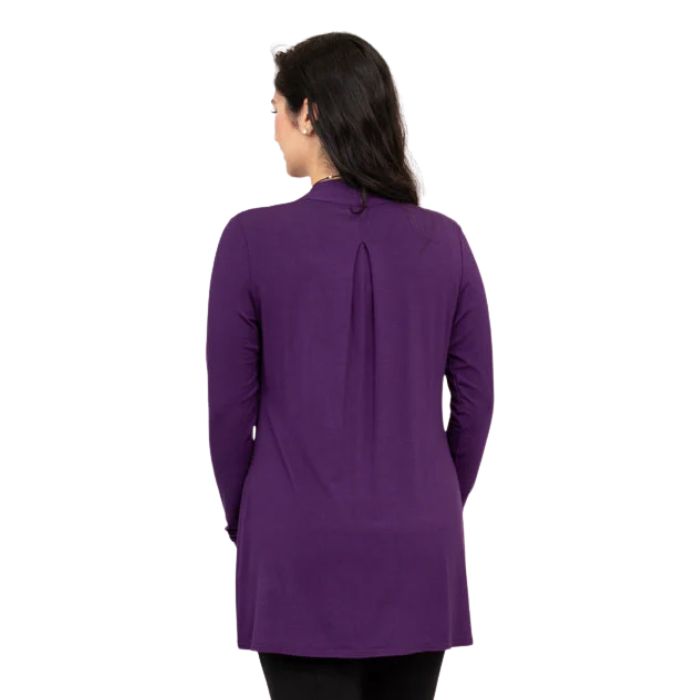 female model wearing royale purple chopra jacket back view on white background