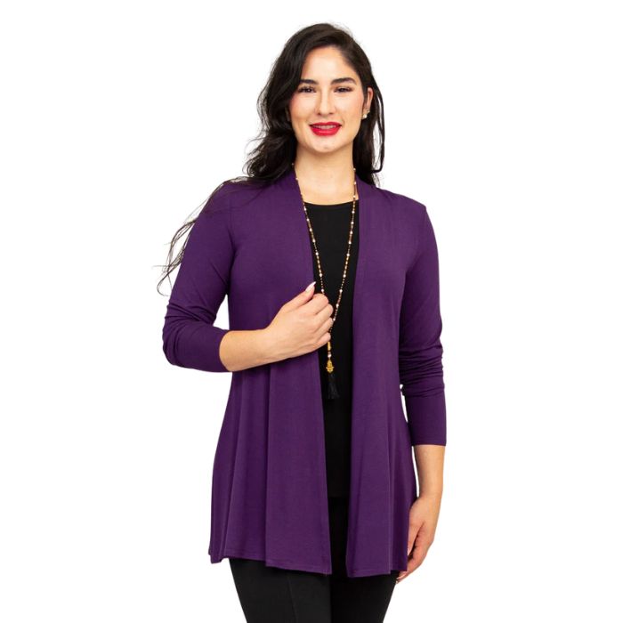 female model wearing royale purple chopra jacket front view on white background