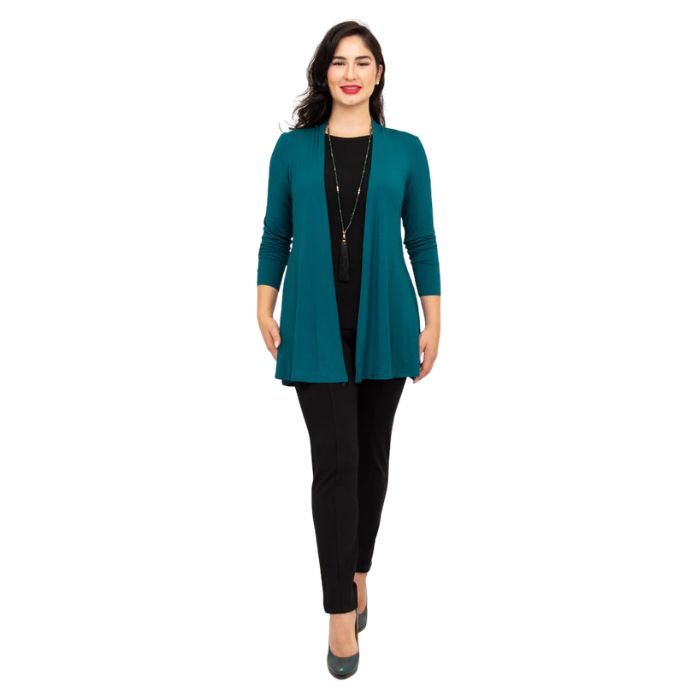 female model wearing teal green chopra jacket, black reanna tank top and black nadia pants front view on white background