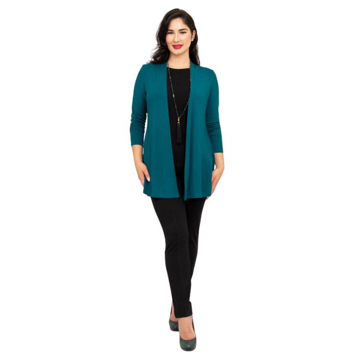 female model wearing teal green chopra jacket, black reanna tank top and black nadia pants front view on white background