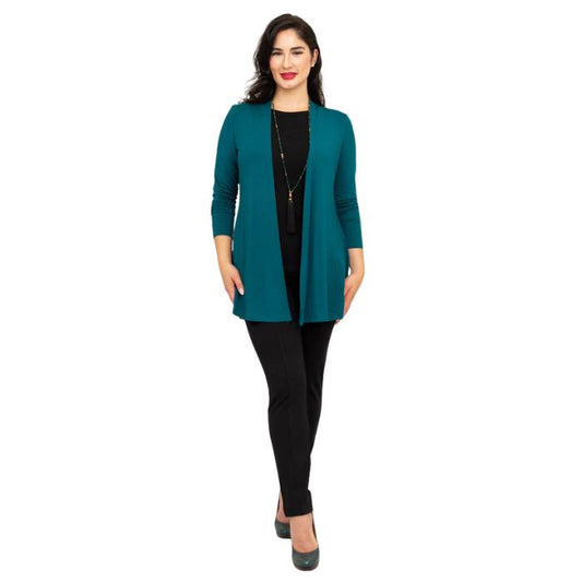 female model wearing teal green chopra jacket, black reanna tank top and black nadia pants front view on white background