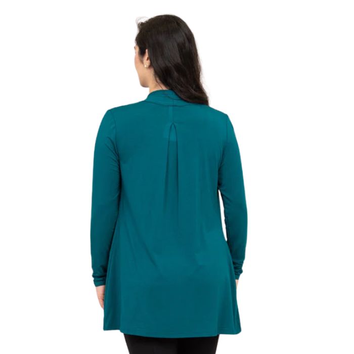 female model wearing teal green chopra jacket back view on white background
