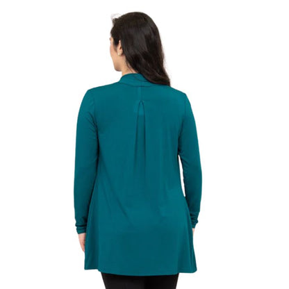 female model wearing teal green chopra jacket back view on white background