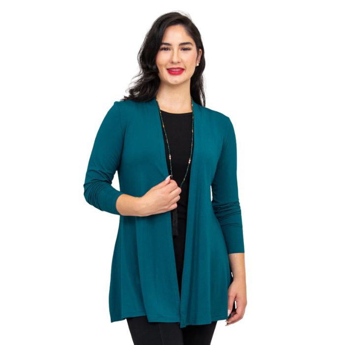 female model wearing teal green chopra jacket front view on white background
