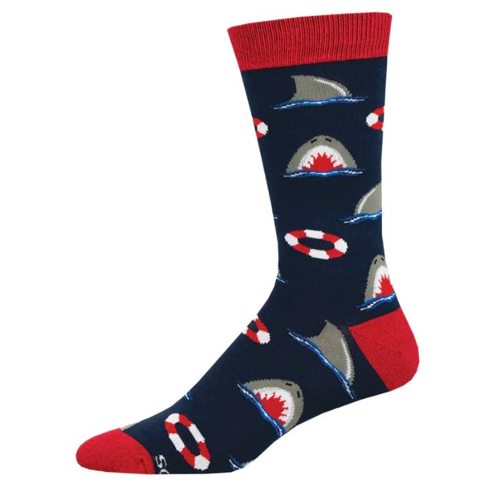 chumming the water sock blue crew sock with shark and life ring print on white bacground