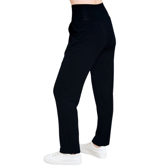 bottom of female model wearing black clair pants back view on white background