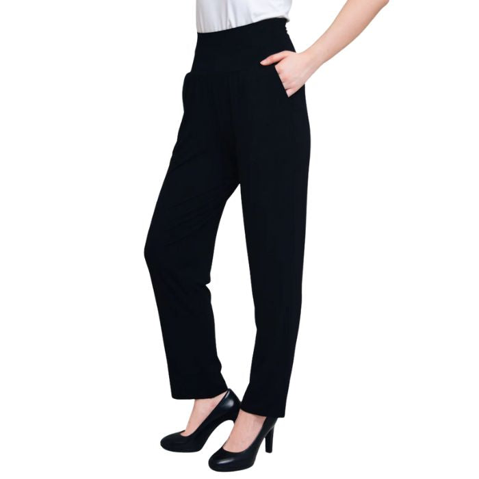 bottom of female model wearing black clair pants side view on white background