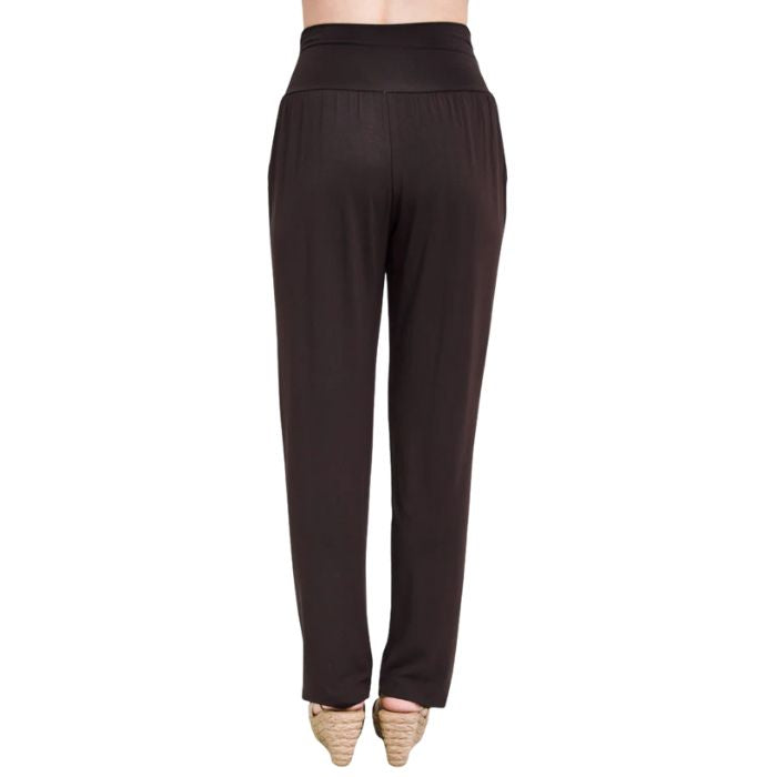 female model wearing coffee brown clair pants waist down back view on white background