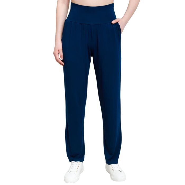 bottom of female model wearing indigo blue clair pants front view on white background