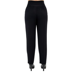 bottom of female model wearing black clair petite pants back view on white background